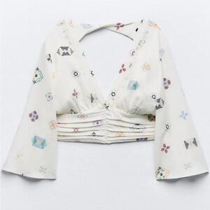 Zara White Patterned crop Top